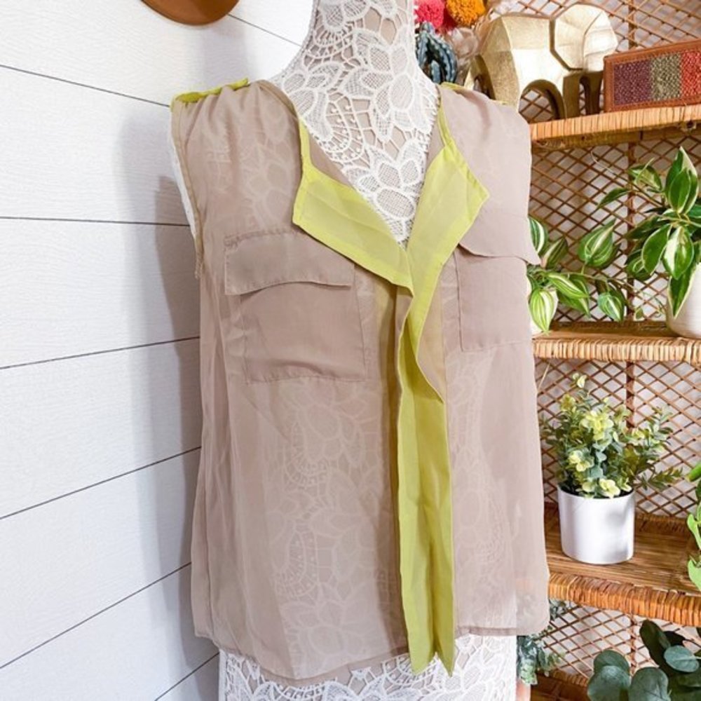 2/$20 Material Girl Colorblocked Sheer Blouse Small Beige Neon Small Sleeveless